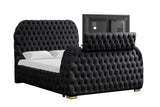 Footboard showing LED fireplace display and TV stand