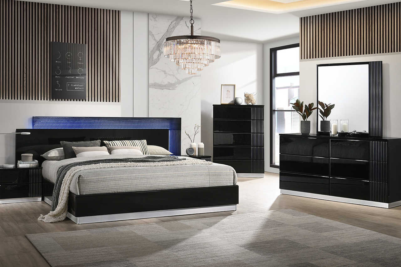 Side angle view of Modena Black Chest showing drawer handles