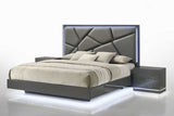 Side view of gray platform king bed