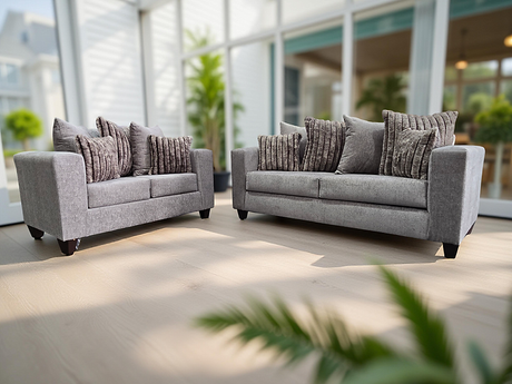 Kora Smoke Fabric 2-Piece Living Room Set front view featuring sofa and loveseat upholstery