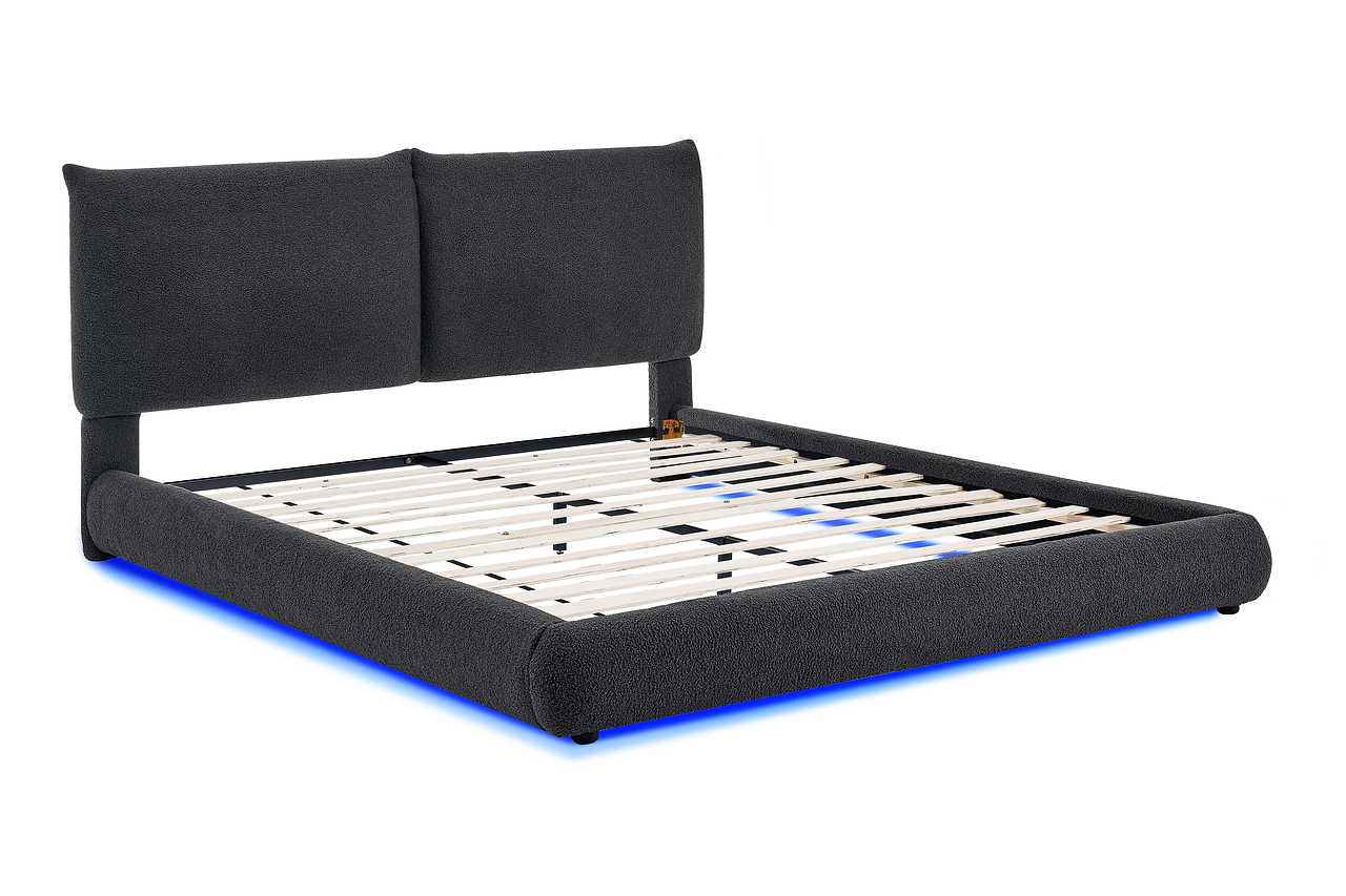 Full shot of Zima Grey LED Upholstered King Bed in bedroom setting