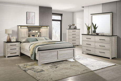 Loza White Bookcase LED Storage Bedroom Set bed with bookcase headboard showing LED lights and speakers
