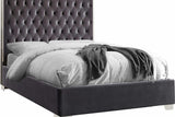 Side angle of Rose Grey Velvet Tufted Platform King Bed with chrome accents