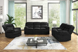 Reclining loveseat in black thick stripe fabric with cupholders and console
