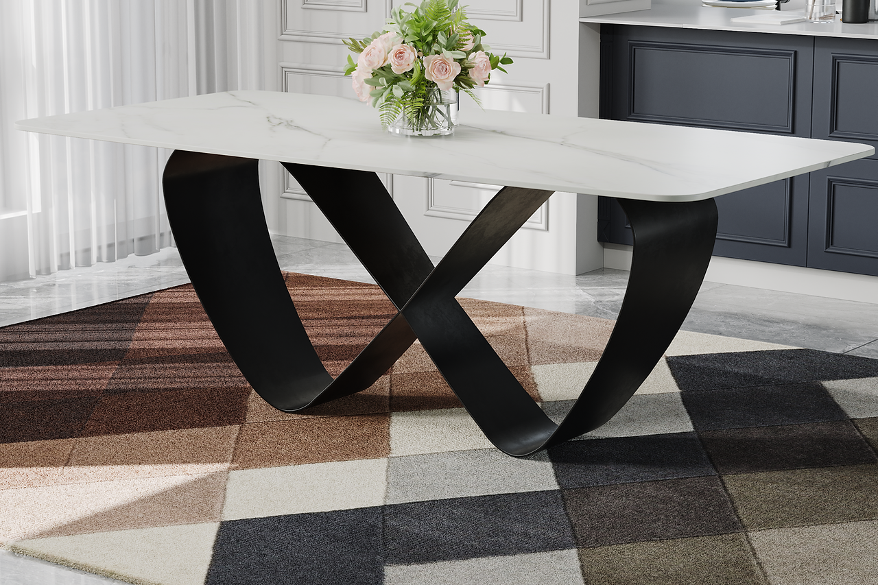 Close-up of white sintered stone table surface