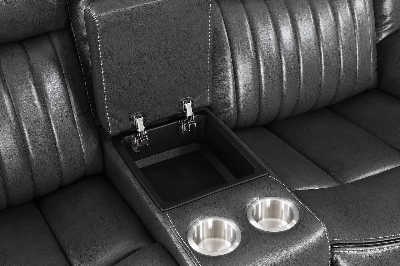 Close-up of Lavon Grey Faux Leather upholstery and metal frame