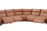 Close-up of armrest and reclining mechanism on camel leather sectional
