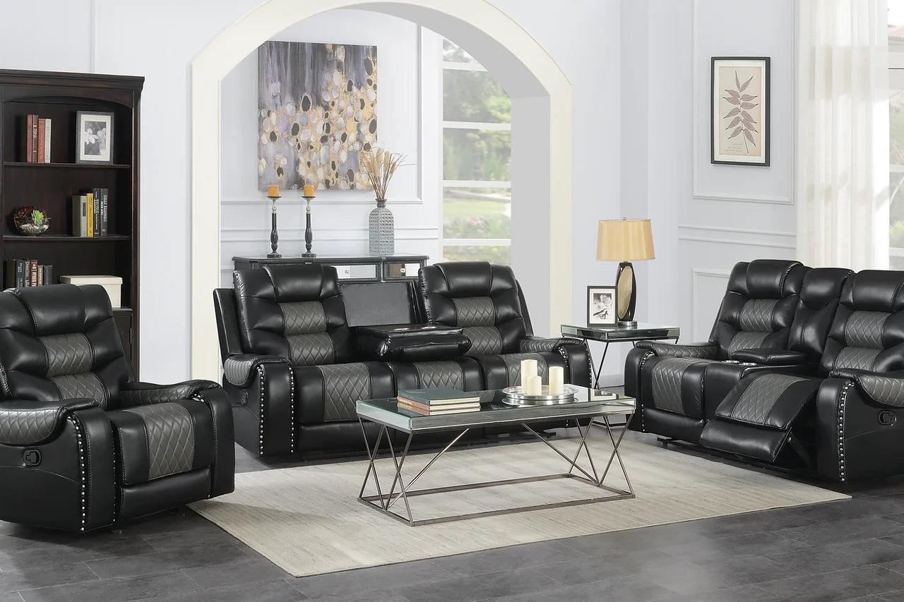Phoenix Black faux leather reclining sofa, front angle