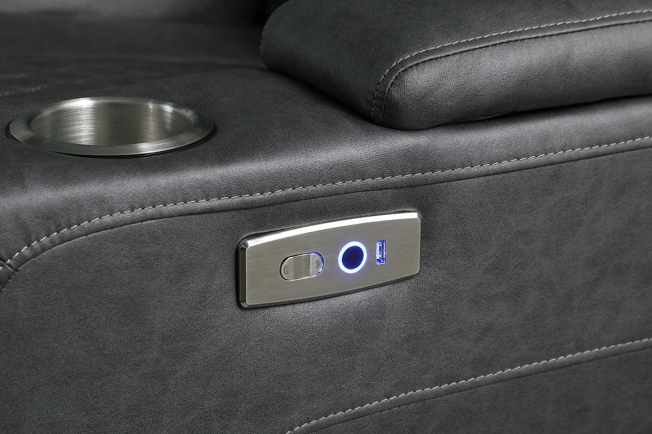 Front view of ash brown power recliner with wood trim