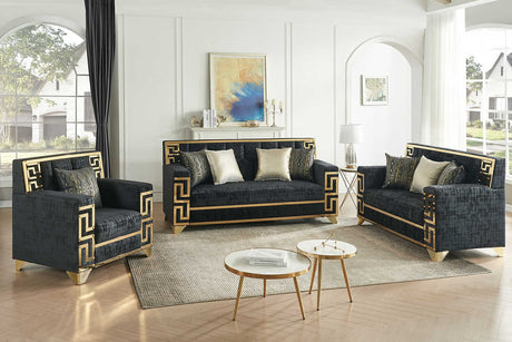 Hira Black Living Room Set main front view showing sofa and loveseat with gold accents