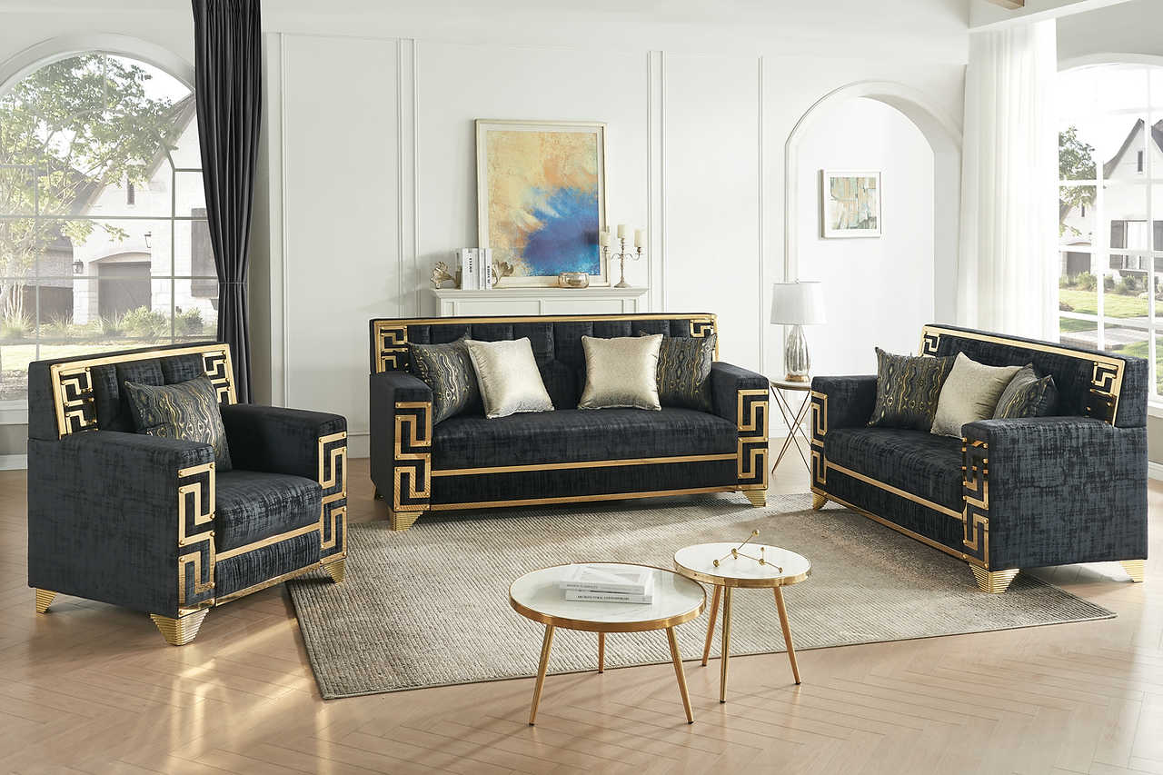 Side view of Hira Black Accent Chair with Gold Metal Accents