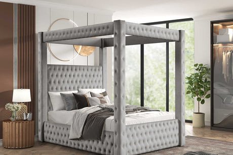 Mansion Gray Upholstered Tufted Canopy Platform King Bed angled side view