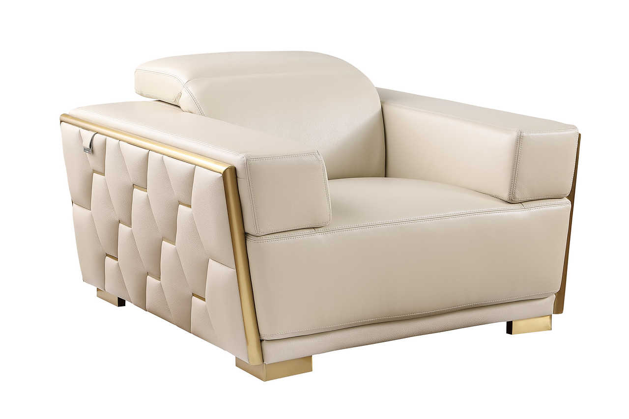 Hexor beige armchair angled view with brushed gold hardware