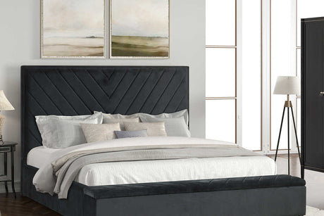 Mio black velvet queen panel bed angled side view