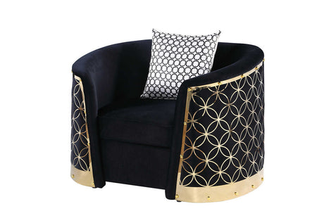 Athena Black Chair front angle with gold metal frame and pillow
