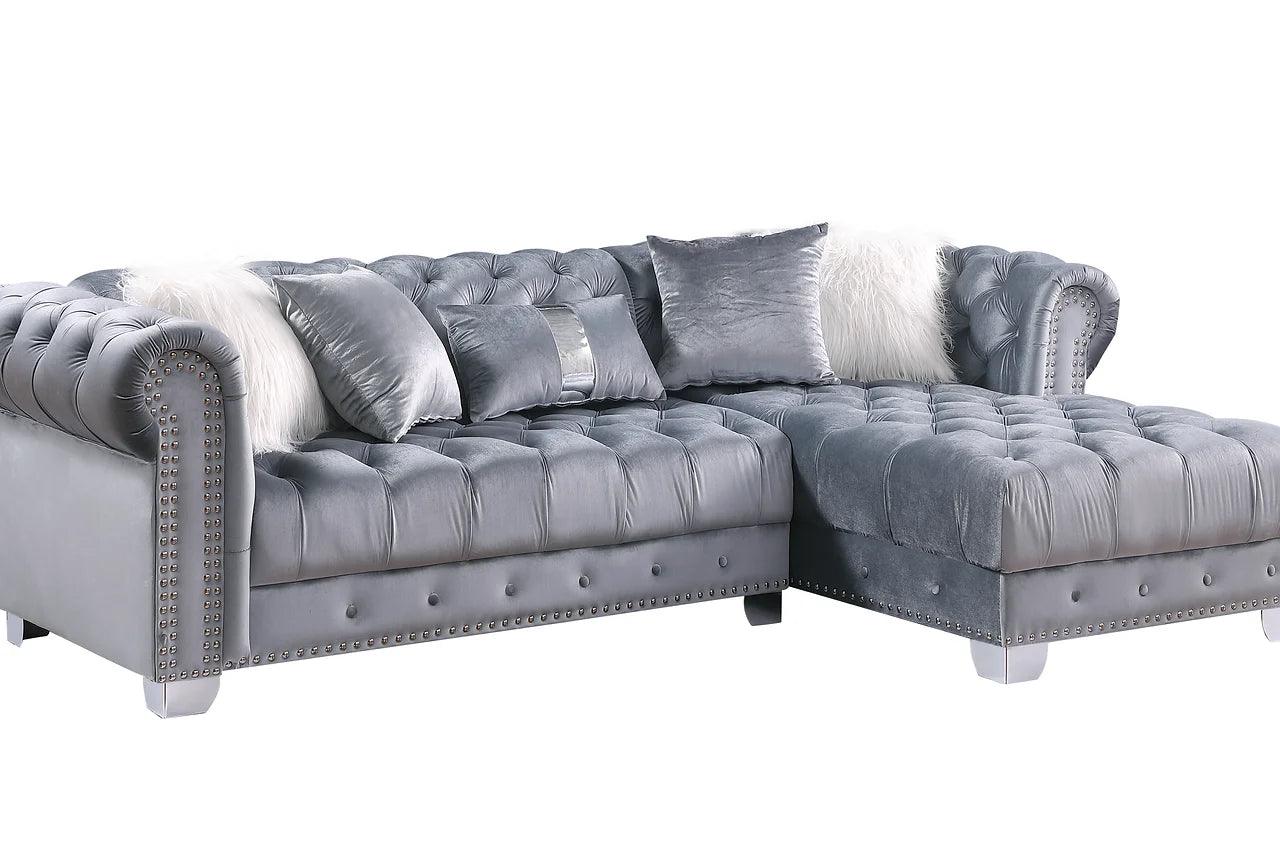 Yaz Grey Velvet Tufted Sectional sofa side view
