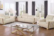Hexor beige Italian leather sofa frontal view with brushed gold accents