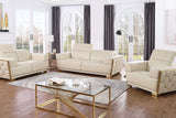 Hexor beige Italian leather sofa frontal view with brushed gold accents