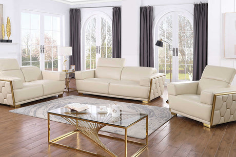 Hexor beige Italian leather sofa frontal view with brushed gold accents