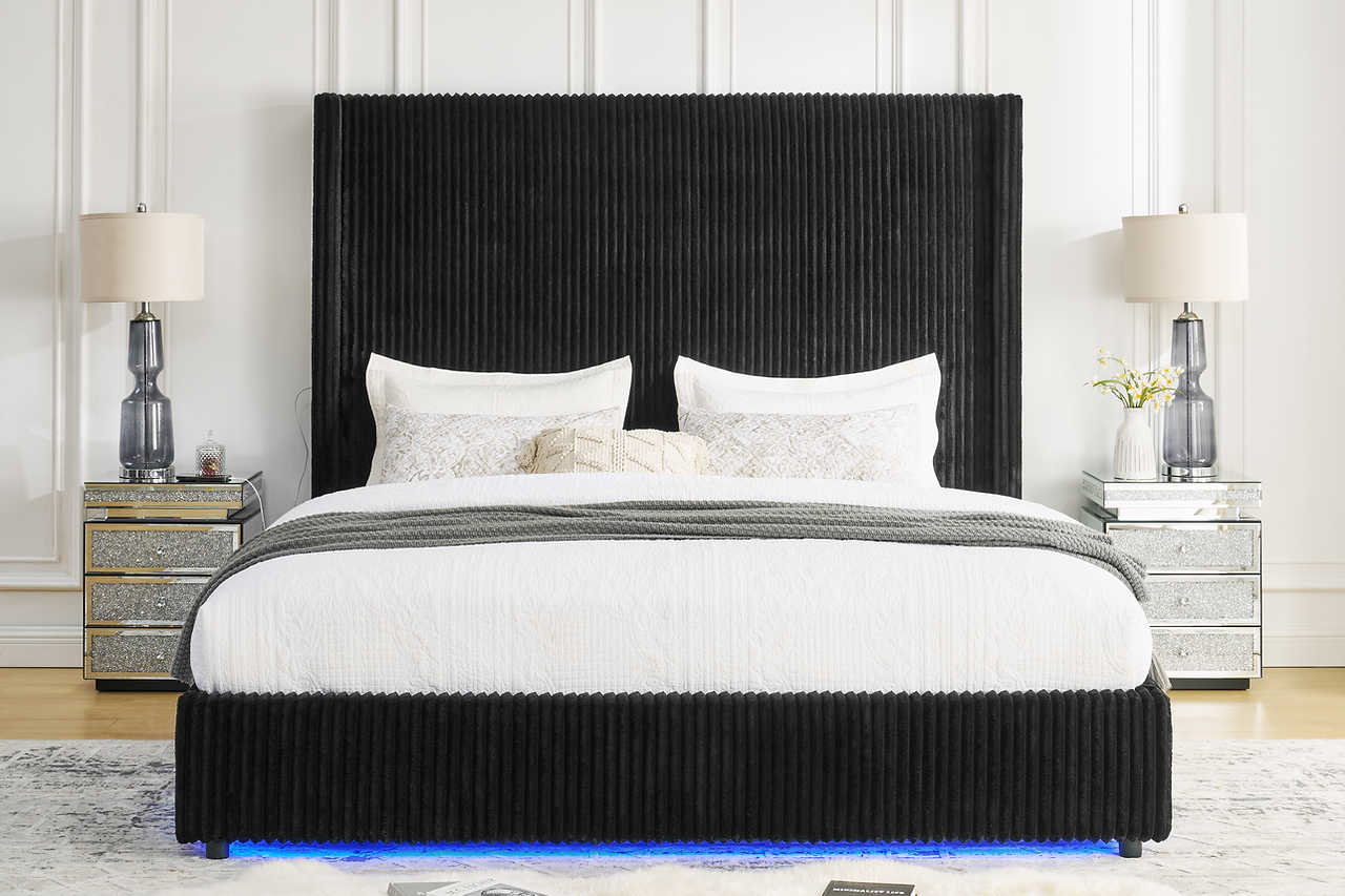 Belinda Black LED Upholstered Platform King Bed front view