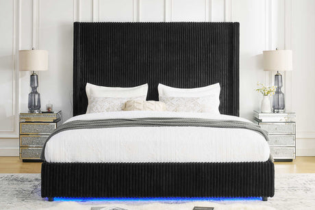 Belinda black upholstered queen platform bed angled view