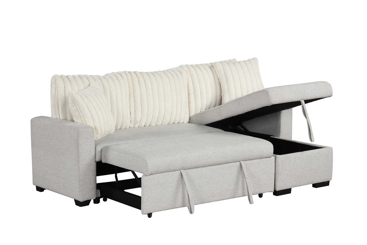 Side view of Nori beige upholstered sectional sofa with pull-out bed