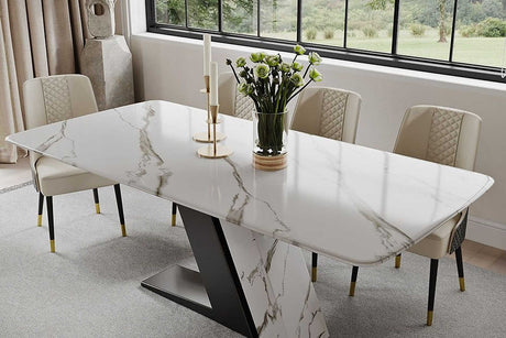 Gobi 79-inch modern white dining table with black steel legs, front angle