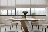 Goldie 79" dining table front angle with Pandora sintered stone top