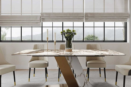 Goldie 79" dining table front angle with Pandora sintered stone top