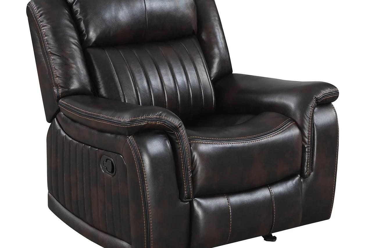 Lavon Brown modern wood frame details on reclining sofa