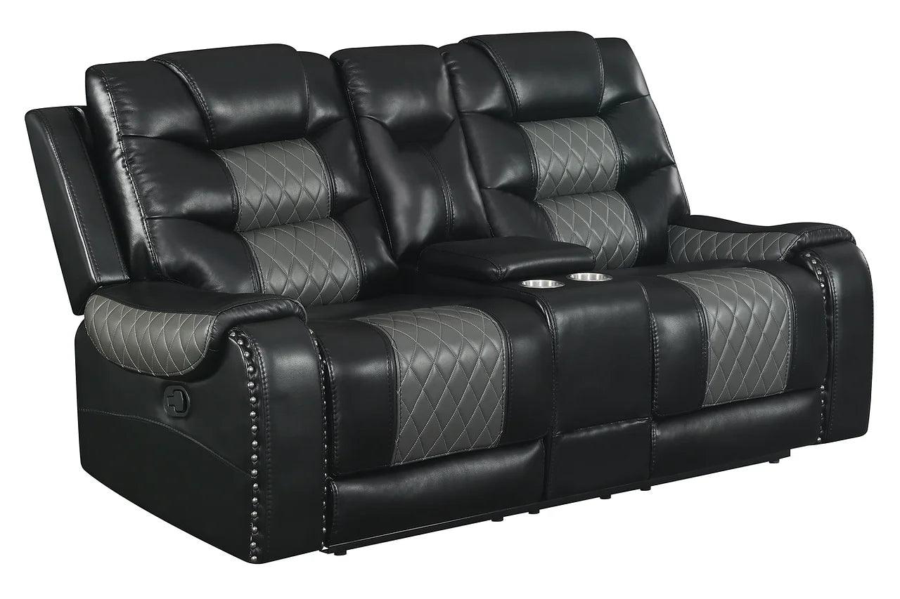 Phoenix Black rocker recliner in black faux leather, angled view