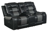 Close-up of black faux leather upholstery on Phoenix II reclining set