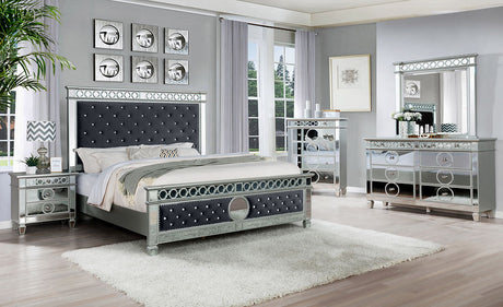 Bella Grey Velvet Tufted Panel Bedroom Set queen bed side view