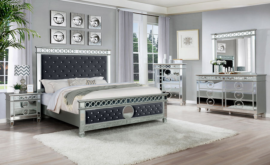 main view of Bella Grey Velvet Tufted Panel Bedroom Set bed