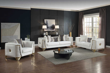 Front view of Donovan Cream Velvet Sofa and Loveseat Set