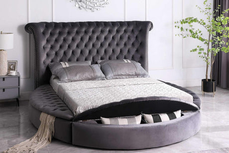 Lux Grey velvet upholstered tufted storage king bed front view