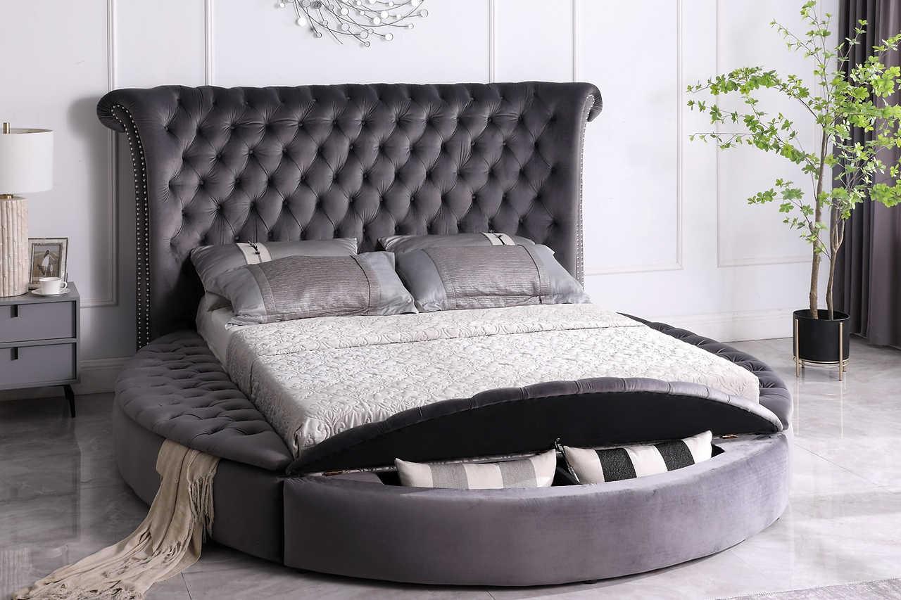 Lux Grey Modern Contemporary Solid Wood Velvet Upholstered Tufted Storage King Bed - Ella Furniture