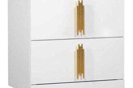 Glamor white nightstand with gold legs and handles front angle