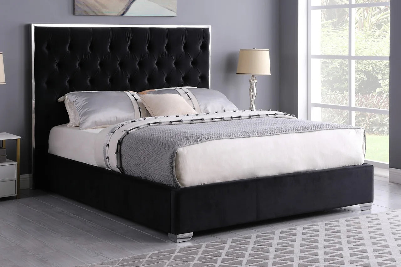 Rose Black Velvet Upholstered Platform King Bed angled side view