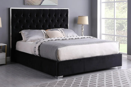 Rose Black Velvet Upholstered Platform King Bed angled side view
