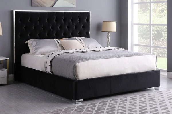 Rose Black Velvet Upholstered Platform King Bed angled side view