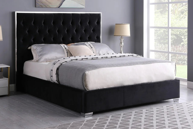 Rose Black Velvet Upholstered Platform King Bed angled side view