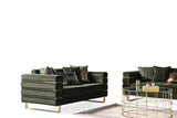 Close-up of chair's adjustable headrest in emerald green fabric