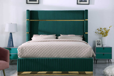 Aspen green velvet upholstered platform queen bed headboard close-up