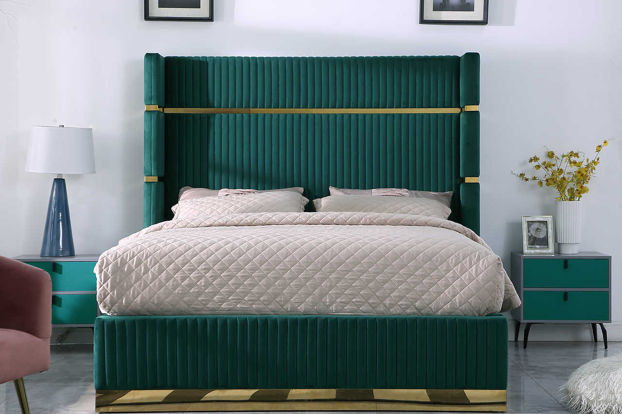 Aspen Green Velvet Upholstered Platform King Bed