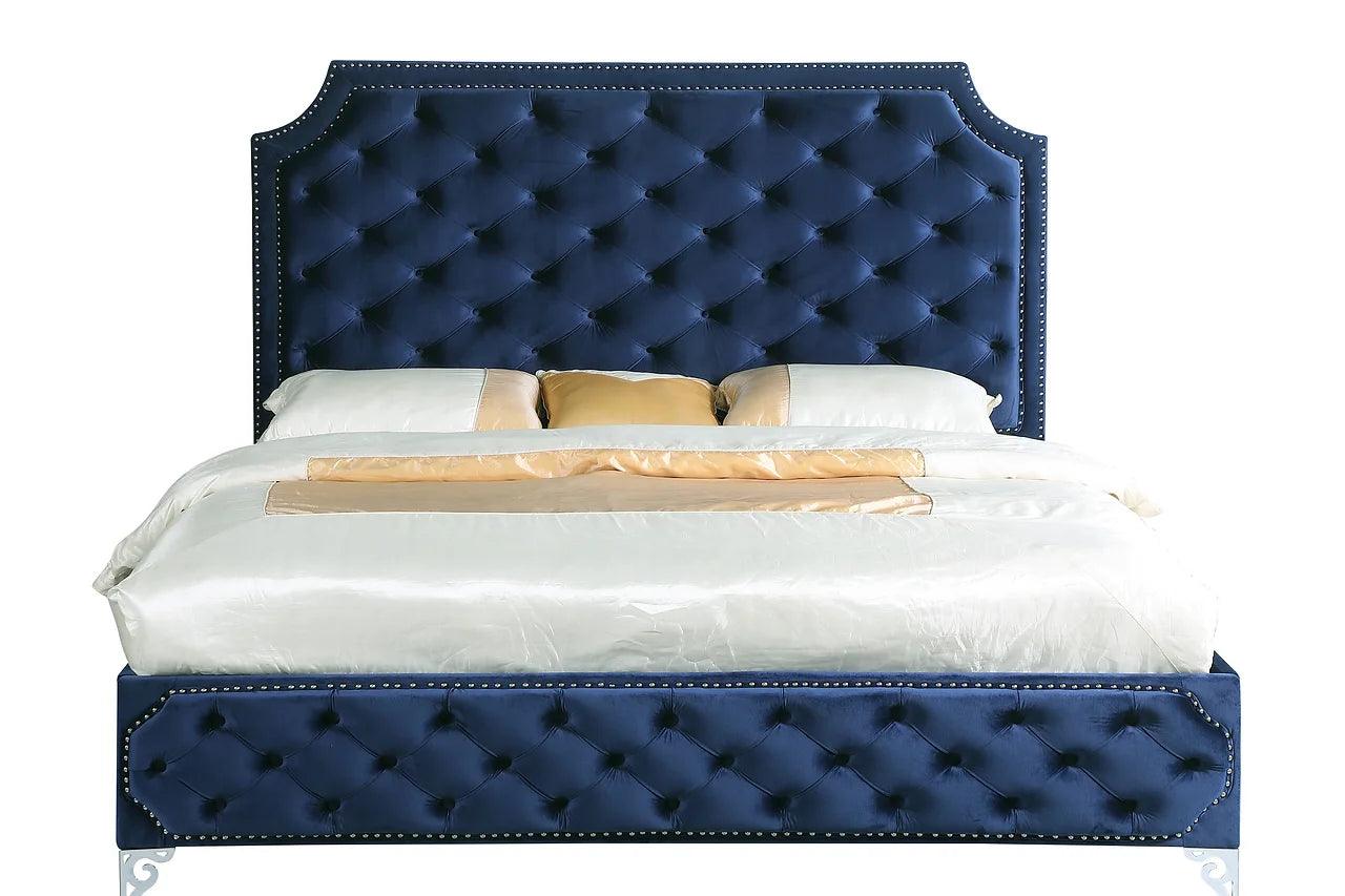 Leilah Blue Velvet Tufted Upholstered Platform Queen Bed close-up