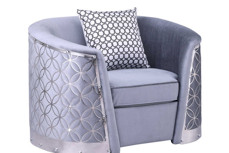 Athena Grey Chair with silver metal frame, front angled view