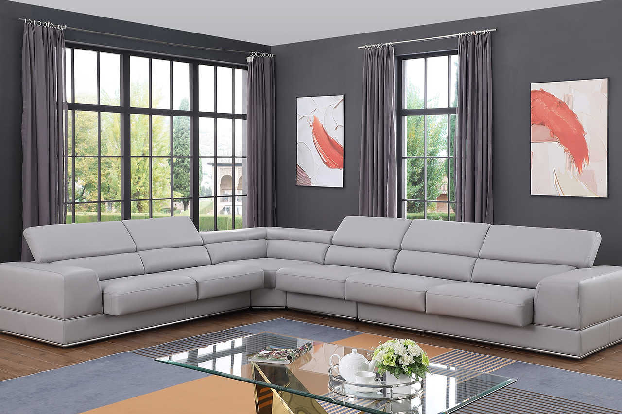 Main angle of Pella Light Grey Leather Sectional sofa