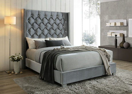 Beverly Gray king bed with tufted velvet panel headboard and diamond accents, front angle