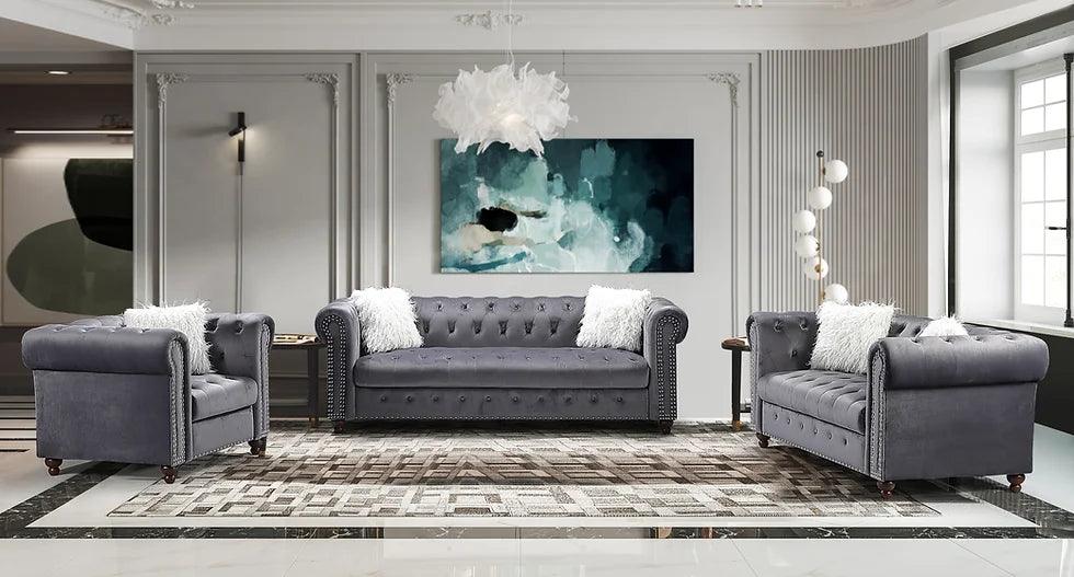main view of Milan Grey Velvet Tufted Living Room Set furniture